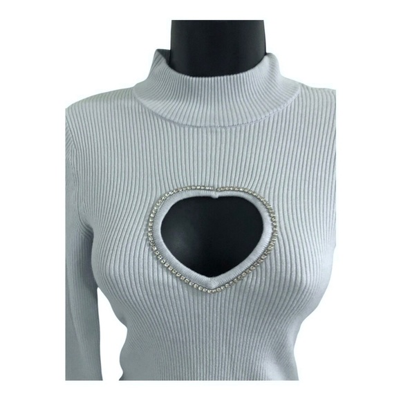 Guess Mia‎ blue heart shaped rhinestone cz trim front cutout mockneck sweater - Picture 6 of 11